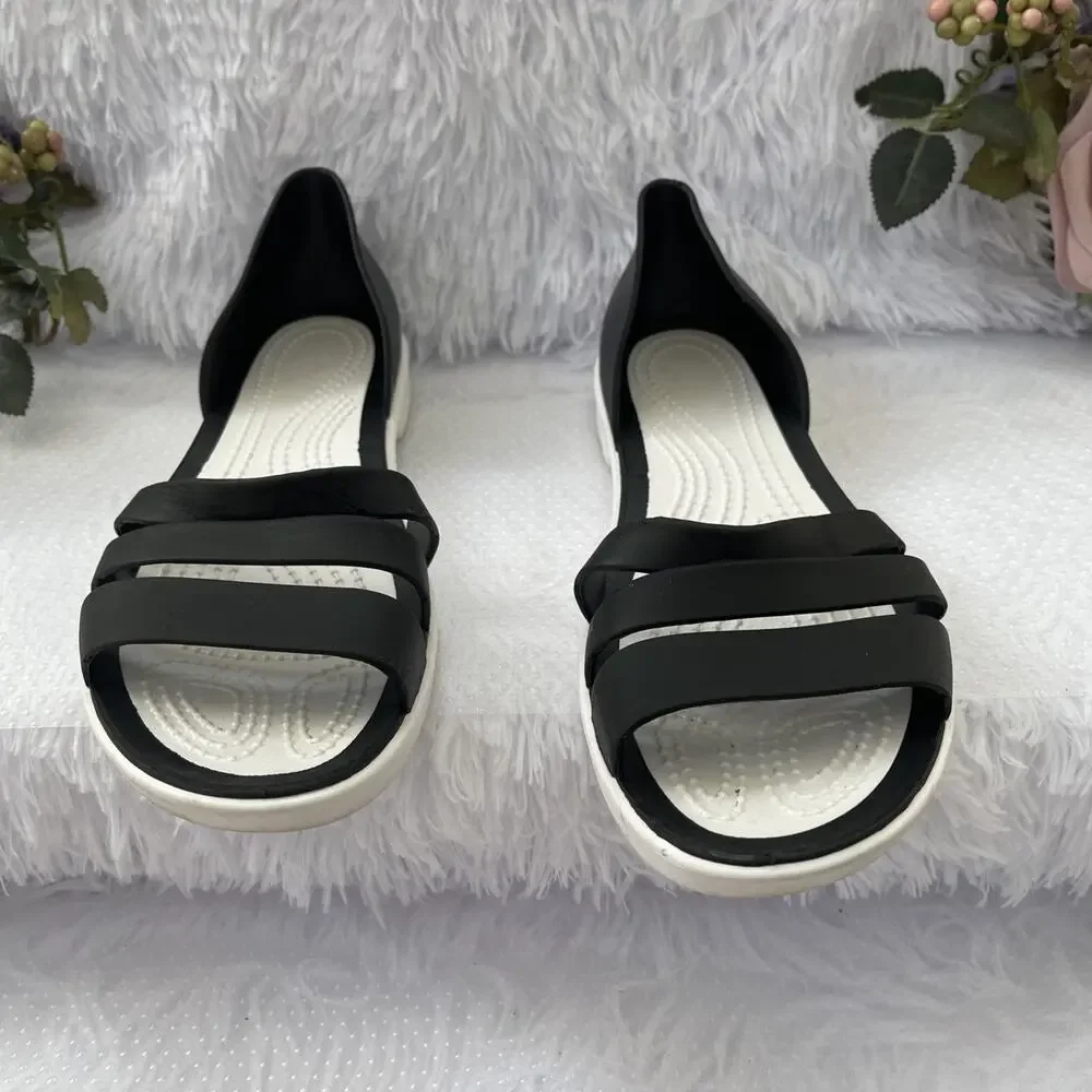 Black White Strappy Flat Sandals Women Size 38 Comfort Lightweight Casual Shoes